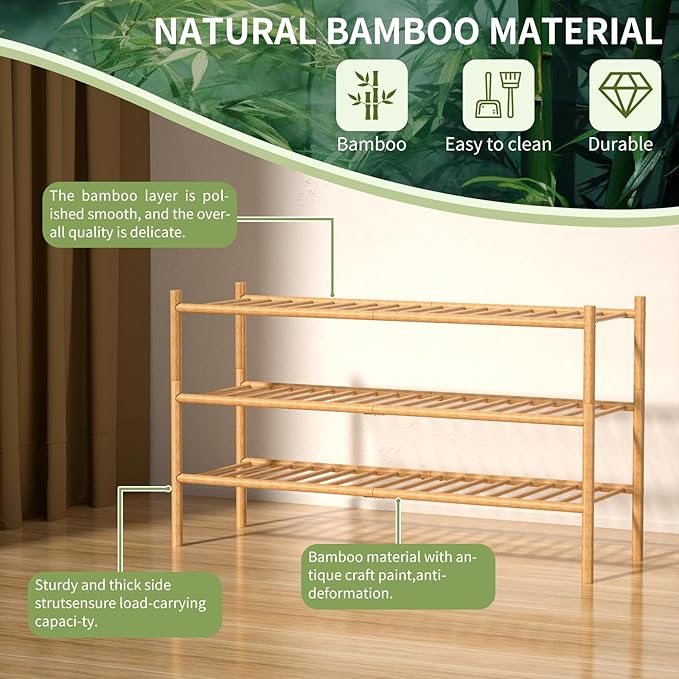 ROMGUAR CRAFT 3-Tier Bamboo Long Shoe Rack, Free Standing Wood Shoe Shelf