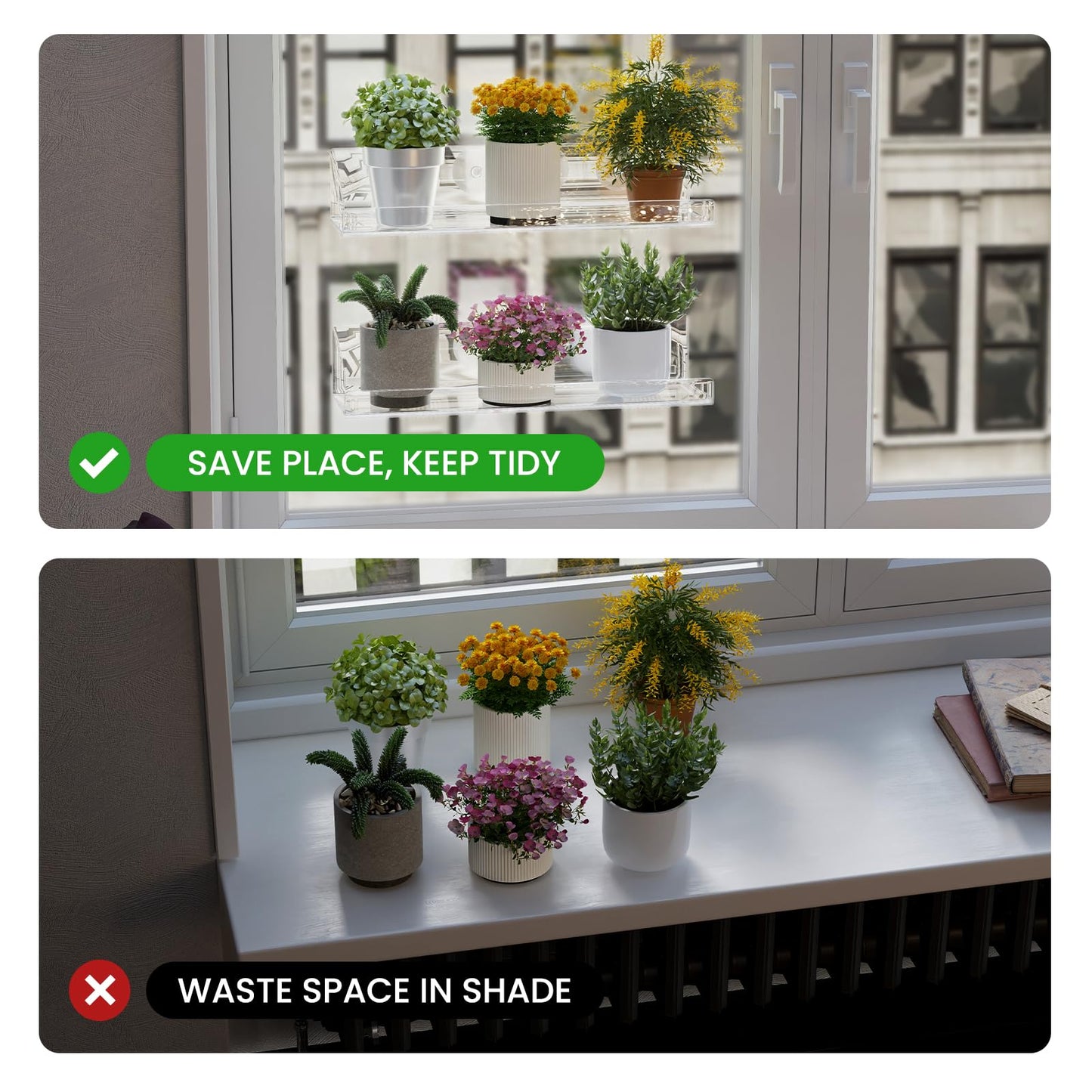 Sumerflos 2 Pack Window Shelves for Plants, Clear Acrylic Suction Cup Shelf, Window Sill Extender Floating Shelves for Indoor Plant, Flowers, Succulents, Seed Starter Pots