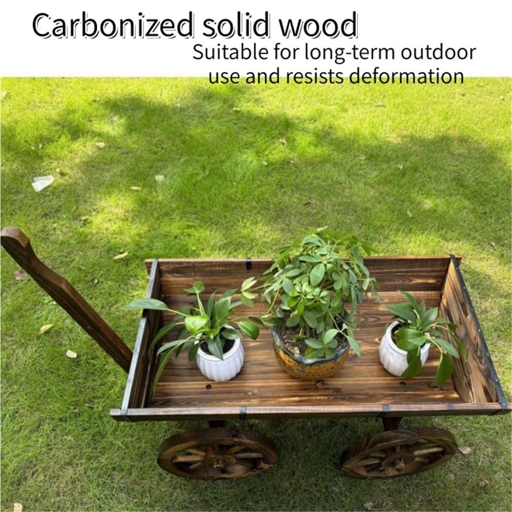 LFSBTI Garden Rustic Wooden Plant Pots, Wagon Wheels for Outdoor Decor, Decorative Wheelbarrow for Patio, Wood Flower Planter Pot Stand with 4 Wheels