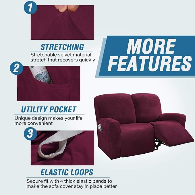 H.VERSAILTEX Velvet Stretch Recliner Couch Covers 6-Pieces Recliner Loveseat