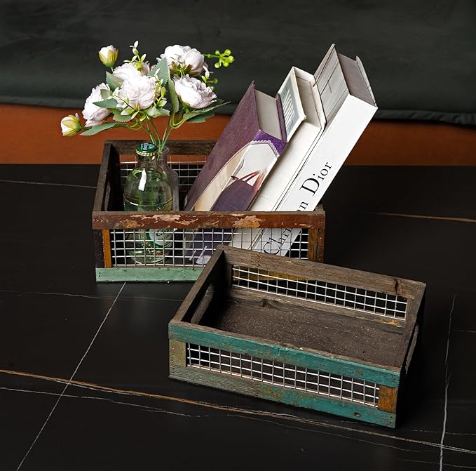 TIMRIS Set of 2 Rustic Wooden Countertop Baskets, Farmhouse Distressed Nesting