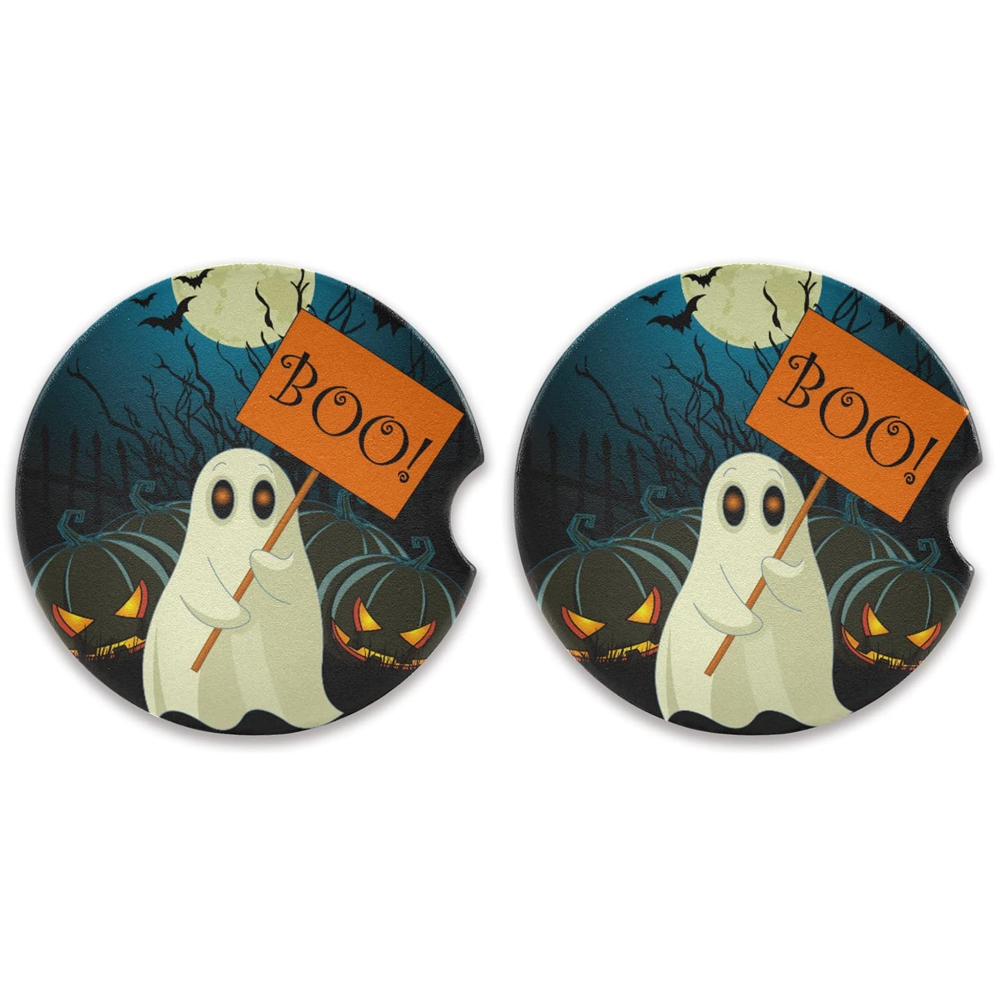 Halloween Cute Ghost Car Coasters for Cup Holder Drinks 2 Pcs Absorbent Ceramic Coasters with Cork Base for Universal Car Cupholders