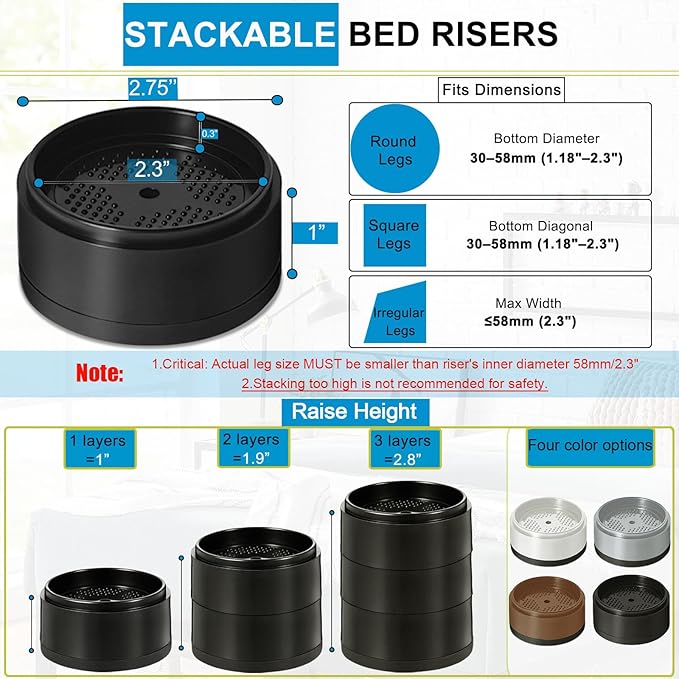 Bed Risers 1 inch, 2 inch, 3 inch, 4 inch Heavy Duty, Adjustable Furniture Riser