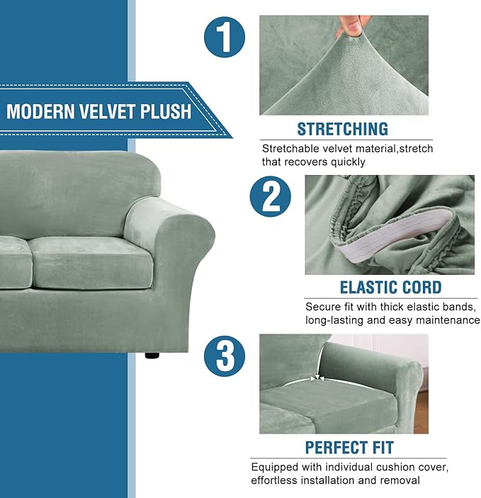 H.VERSAILTEX Velvet 4 Piece High Stretch Sofa Slipcover Cover Furniture