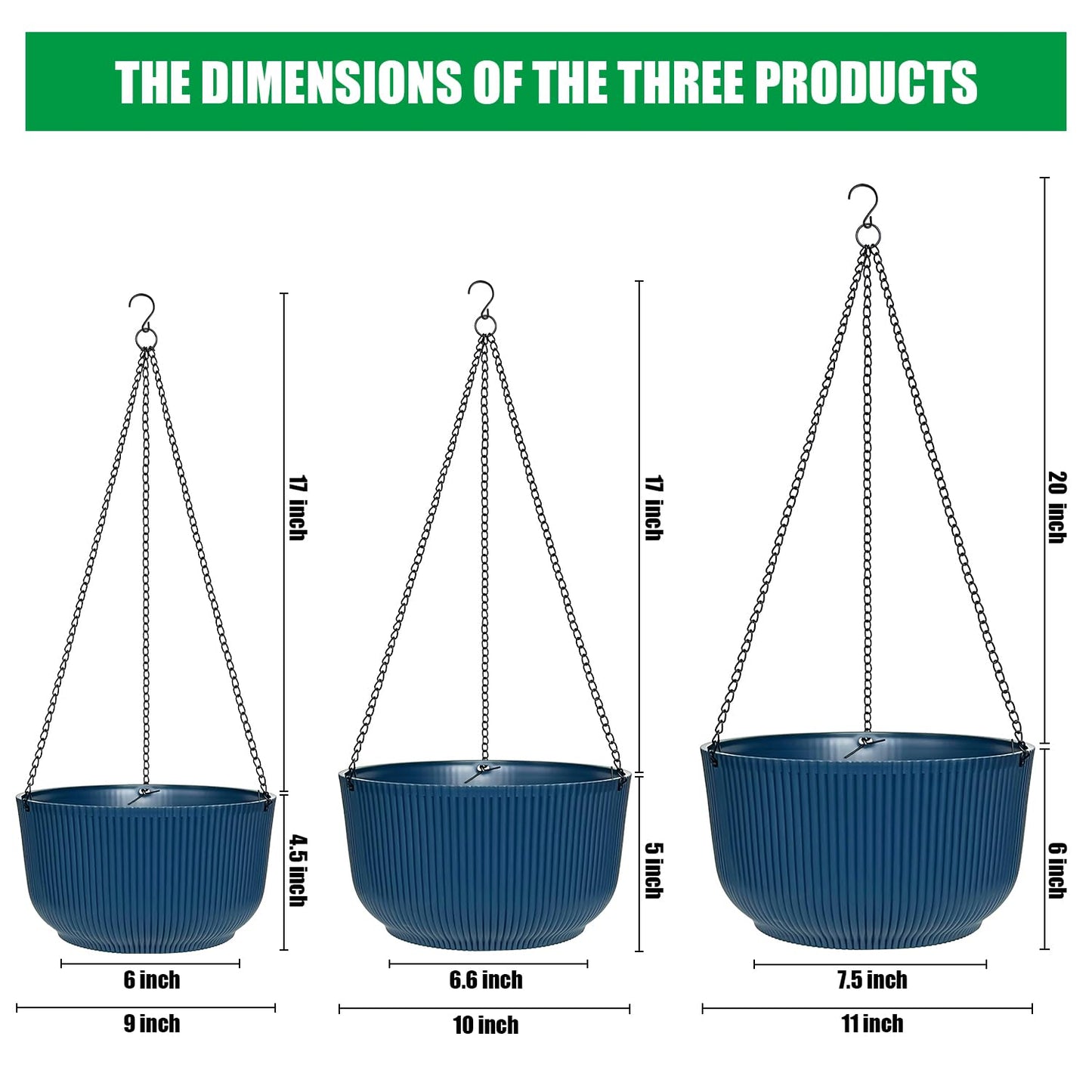 RooTrimmer Hanging Planters 9/10/11 Inch for Indoor Plants, 3 Pack Plant Hanger Outdoor with Drainage Holes, Self Watering Hanging Basket Flower Pot for Garden Home Decor, Dark Blue