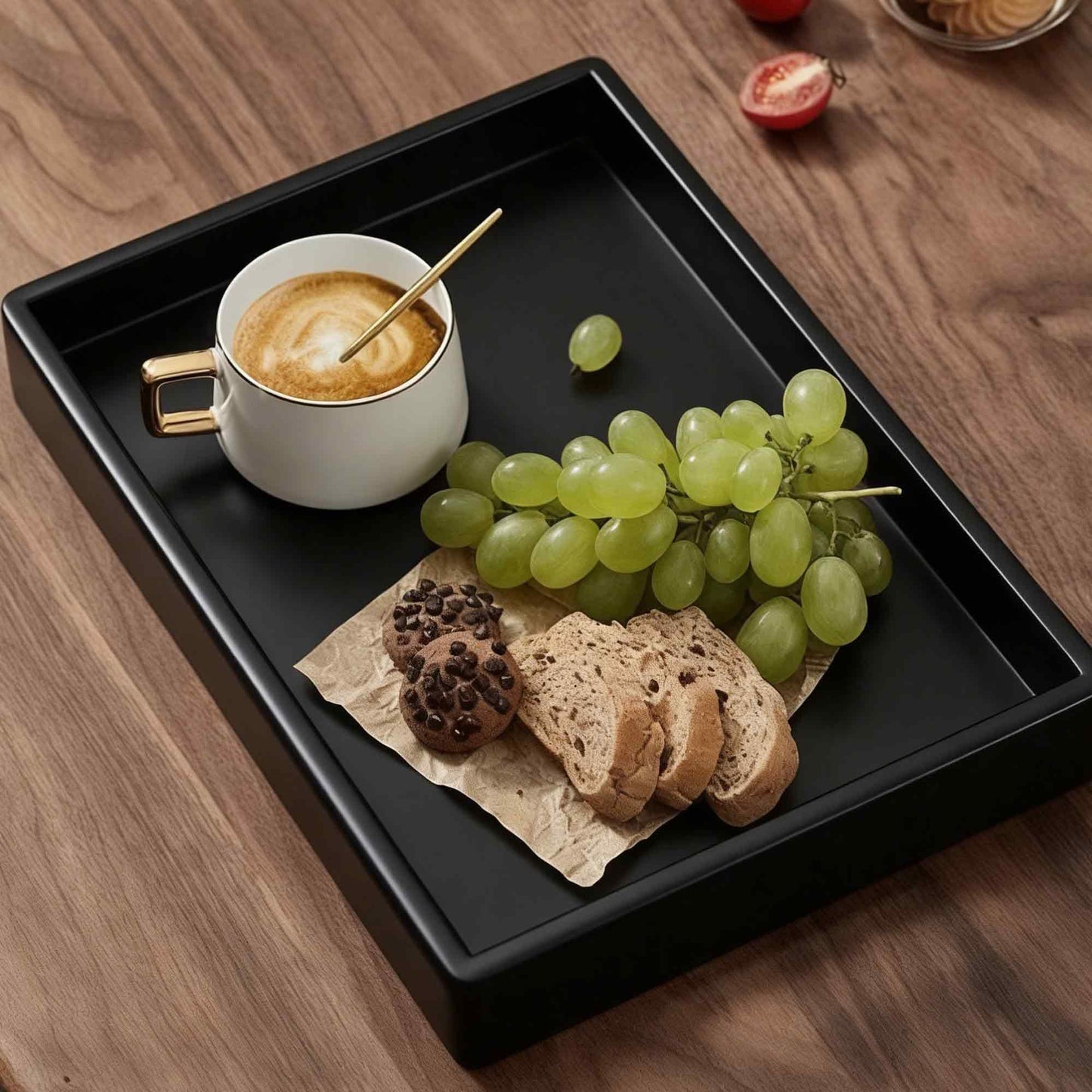 AUXBC 12x8 Inch Black Wood Serving Tray with Raised Edges, Rectangle Decorative Platter for Kitchen Home Decor, Wooden Charcuterie Board for Snacks Appetizers Coffee Tea Breakfast Food Display