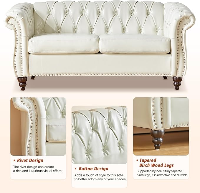 ORRD 2 Pieces Living Room Set, Chesterfield Faux Leather Sofa Loveseat Couch