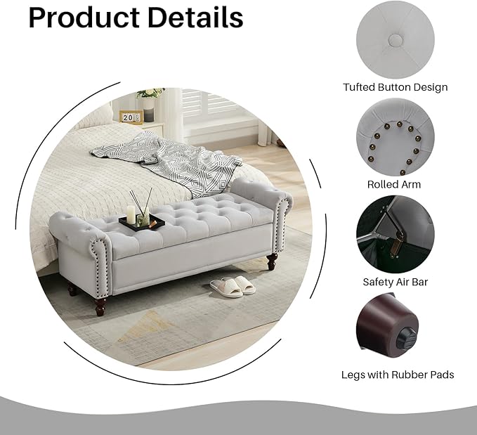 SOFTHION 58.1" Storage Bench Upholstered Velvet End of Bedroom Bed Bench Ottoman