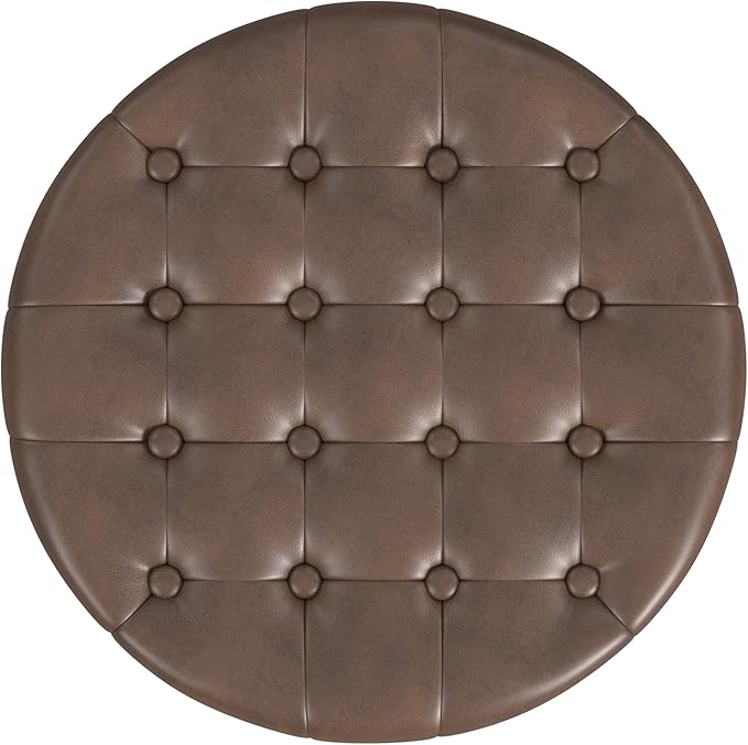 Homepop Home Decor | Upholstered Round Faux Leather Tufted Foot Rest Ottoman |