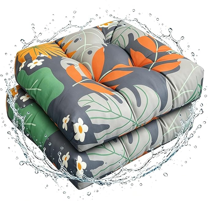 Set of 2 Outdoor Square Seat Cushions Waterproof Patio Seat Pad Floral Rocking