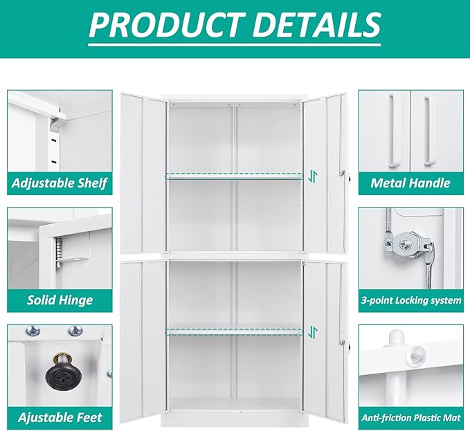 Metal Storage Cabinet with 3 Adjustable Shelves, Tall Steel Pantry Cabinets 4