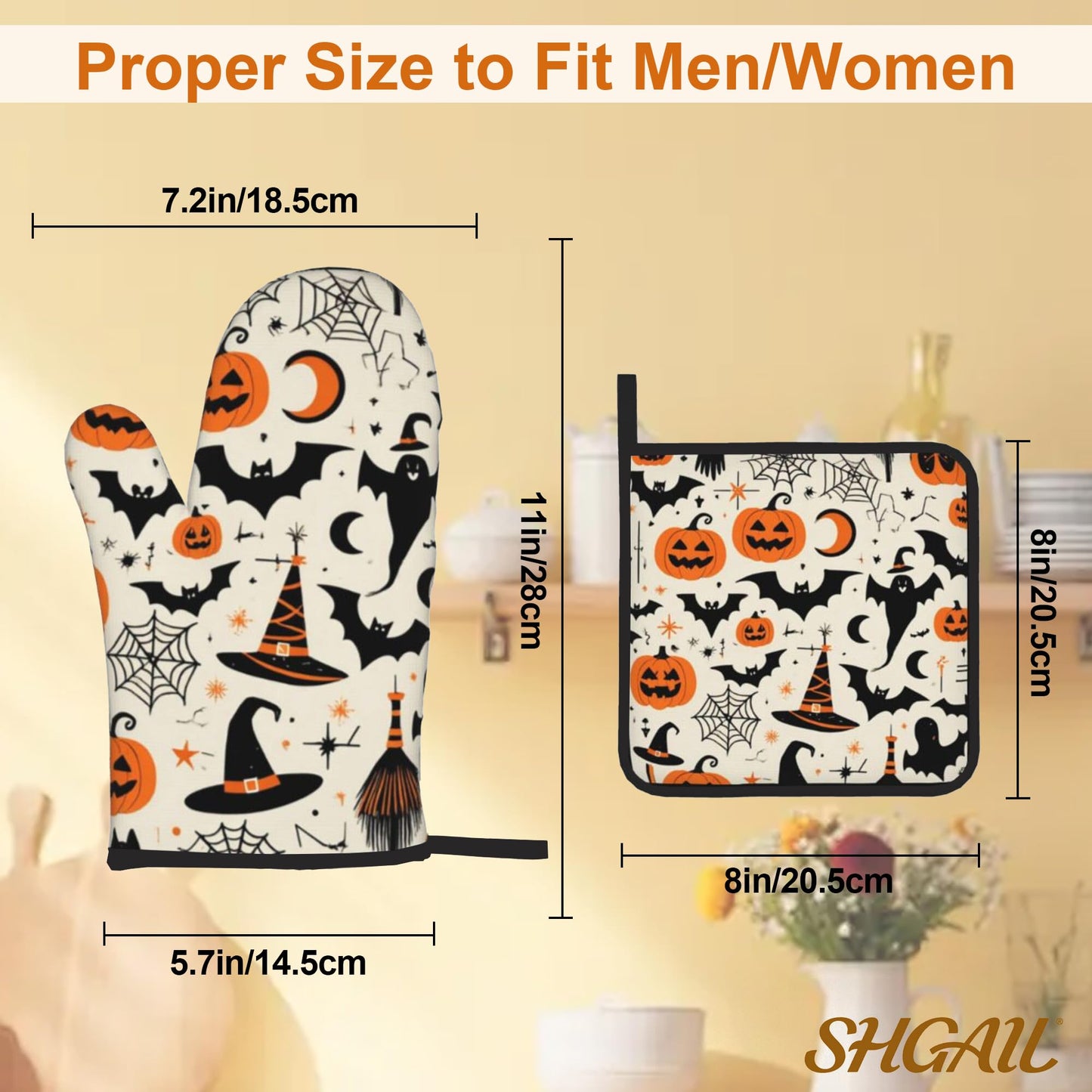 Halloween Pumpkin Bat Pattern Oven Gloves and Hot Pads Set - Heatproof Hand Protection for Baking, Grilling, Cooking 4Pcs