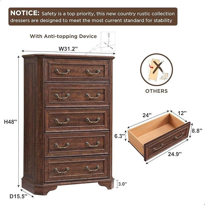 T4TREAM Farmhouse 5 Drawers Dresser