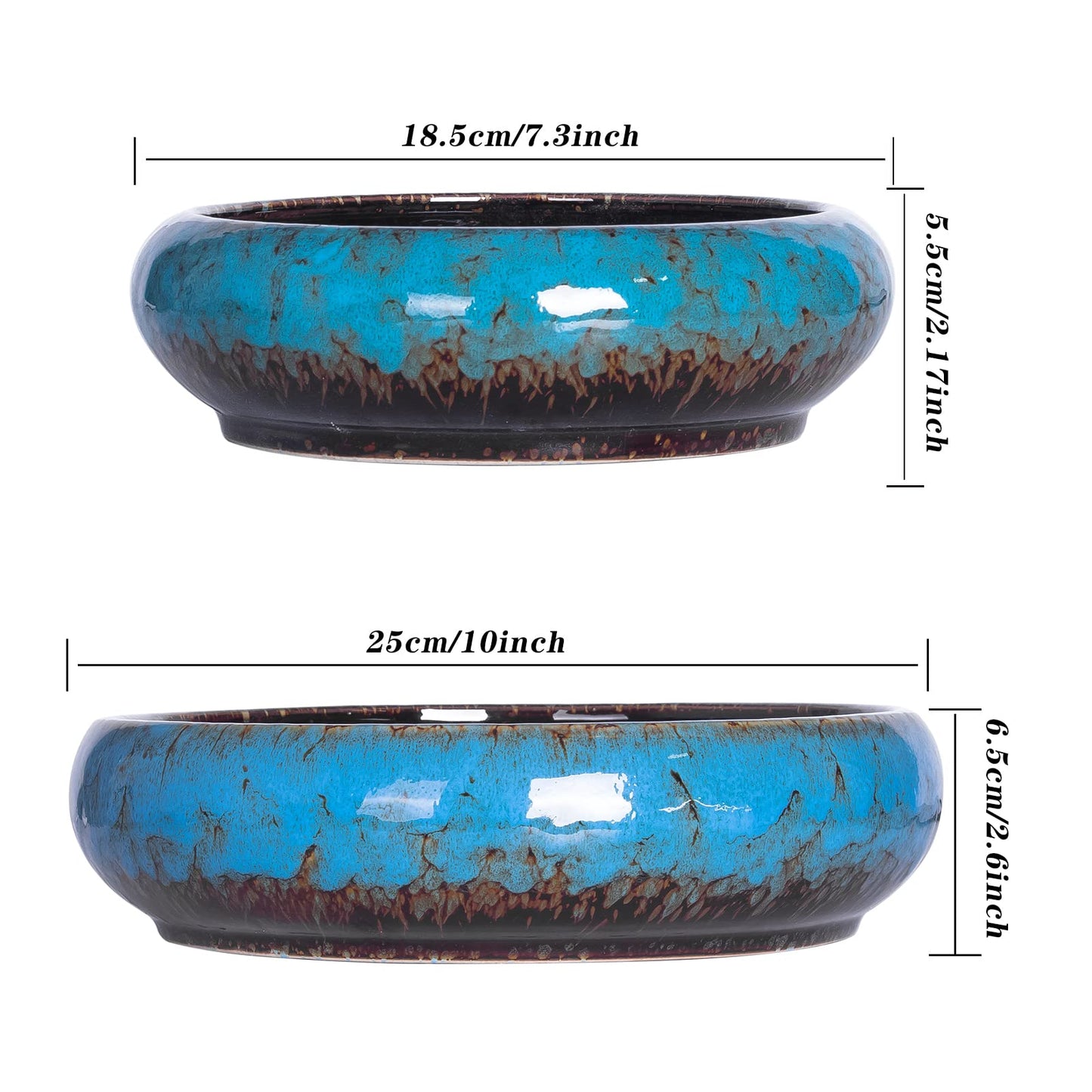 ARTKETTY Succulent Pots - 7.3/10 Inch Large Plant Pot Set of 2, Ceramic Bonsai Pot with Drainage Tray Shallow Planters for Indoor Succulents Glazed Cactus Flower Plant Container