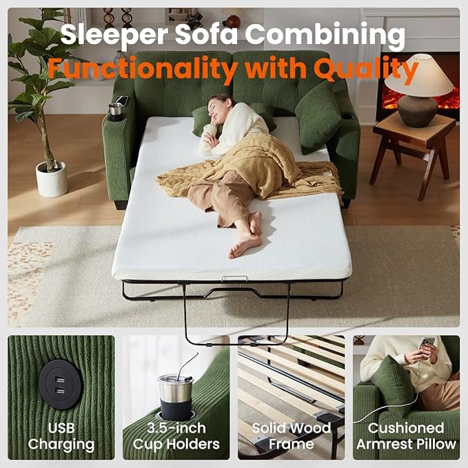 Full Size Pull Out Sleeper Sofa Bed, 2-in-1 Convertible Corduroy Pull Out Couch