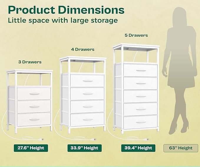 Huuger White Dresser with 5 Drawers & Charging Station, Tall Dresser