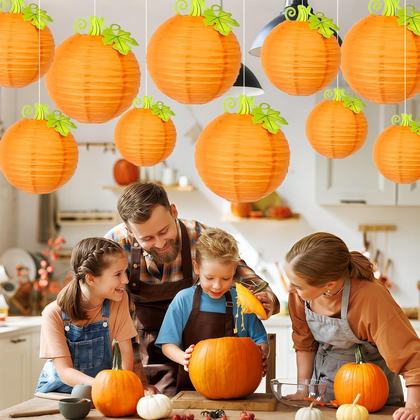 12Pcs Fall Thanksgiving Pumpkins Decorations Orange Paper Pumpkin Ball Decorations Lanterns Unique Design Perfect for Halloween Jack O Lantern Classroom Kitchen Party Indoor Outdoor