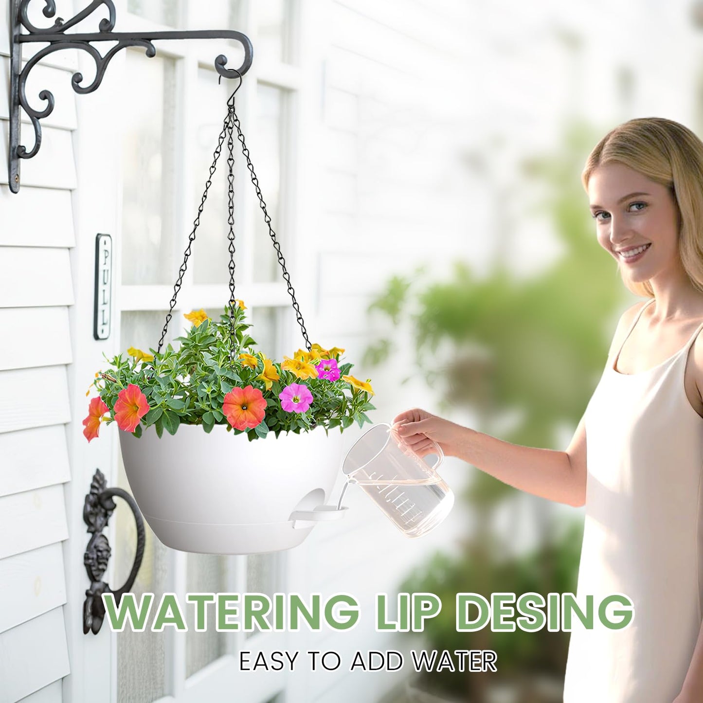AHJZO 2 Pack 12 Hanging Flower Pots with Chains - Self Watering Plastic Planters for Indoor & Outdoor Plants, Sturdy Triangular Iron Chain Design for Garden PorchPlastic Hanging Flower pots (White)