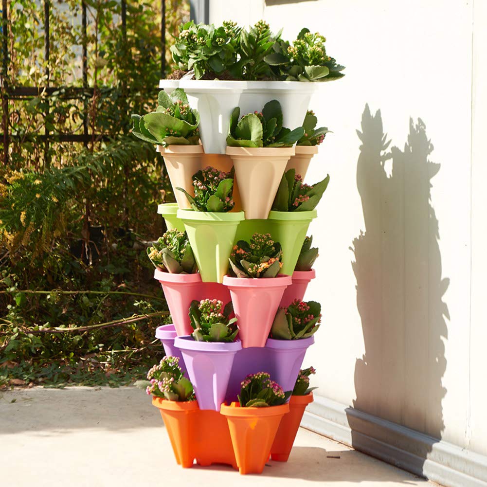 3 Tier Stackable Strawberry Planter Vertical Garden Stacking Herb Vegetable Planters with Removable Wheels Saucer, 4- Compartment Pot