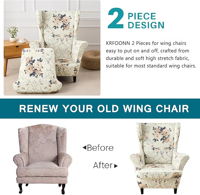 KRFOONN Velvet Wing Chair Slipcovers 2 Piece Stretch Printed Wingback Chair