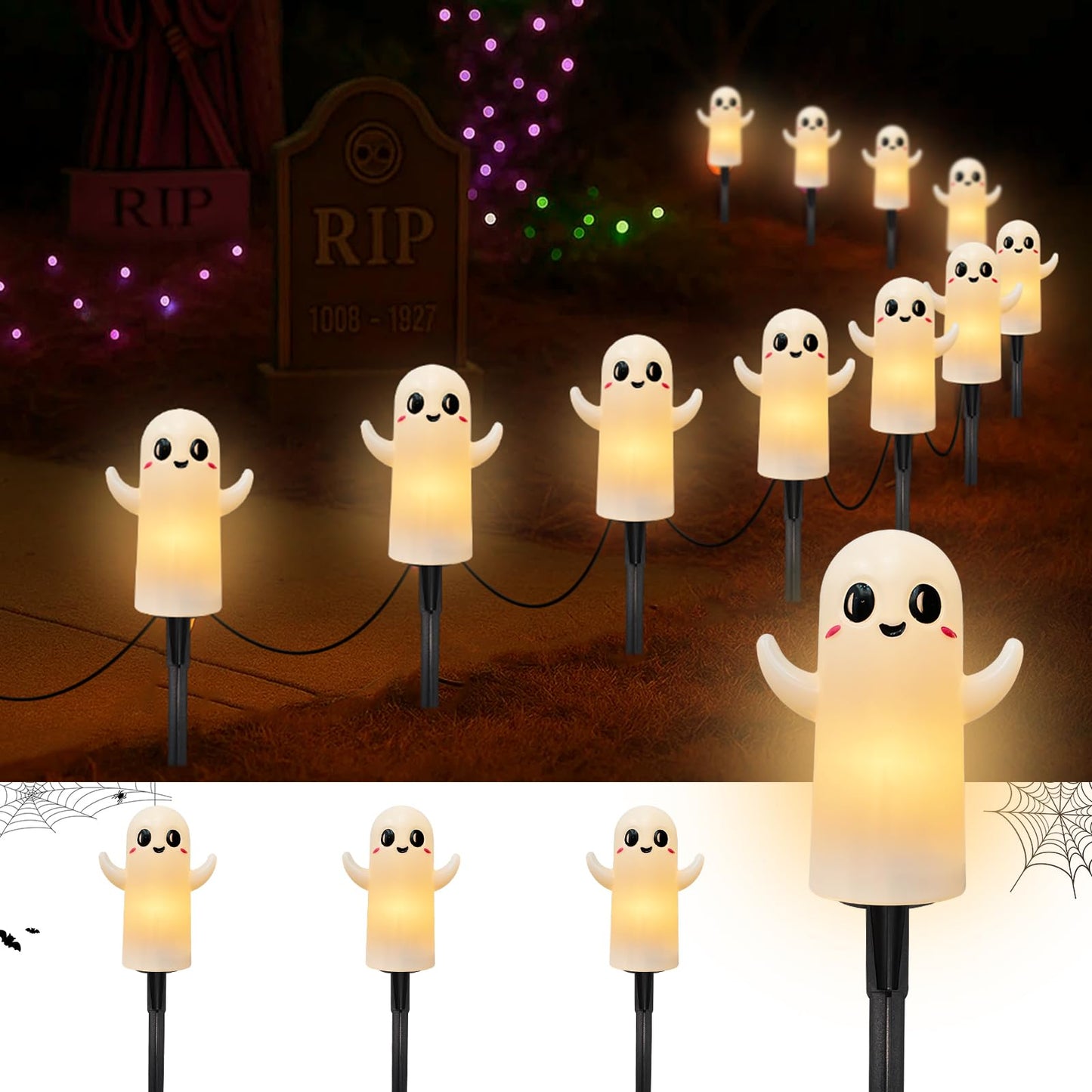 Halloween Ghosts Pathway Lights,4 Pack Ghosts Stake Lights with C7 Clear Bulbs,7Ft Extendable Waterproof Walkway Lights Halloween Decor for Yard Porch Lawn Pathway Garden