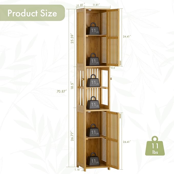 Amazer 70'' Tall Bathroom Storage Cabinet Bamboo, Narrow Storage Cabinet