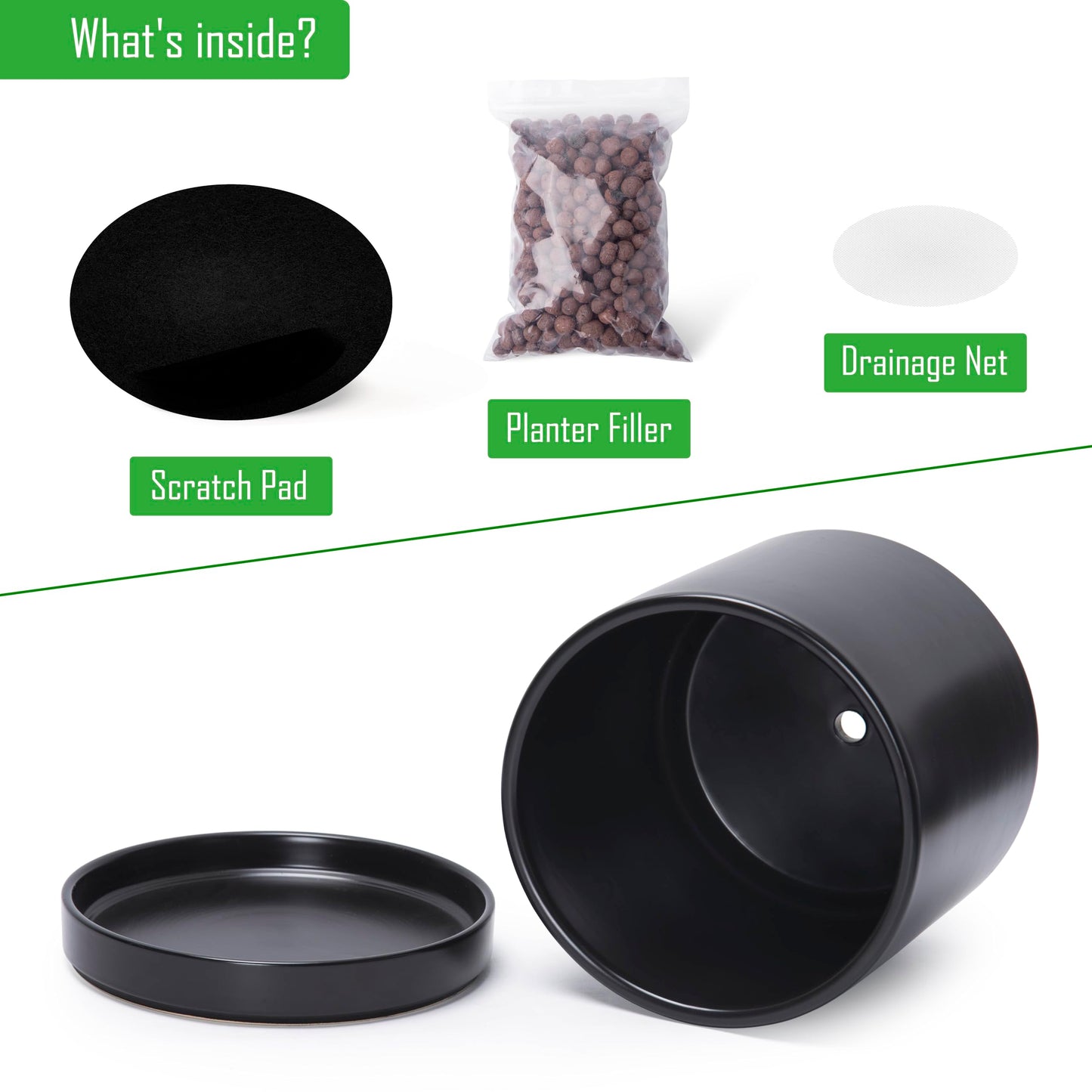 D'vine Dev 10 Inch Ceramic Planter Pot with Drainage Hole and Saucer, Indoor Cylinder Round Planter Pot, Black, 94-O-E-2