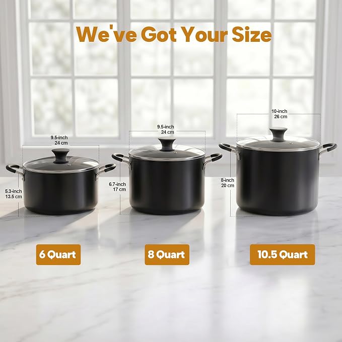 Cook N Home Professional 10.5 Quart Non stick Stock Pot with Lid, Riveted Handles, Big Soup Pot for Holiday Feasts, Stockpot with Even Heating, Induction Cookware, Oven & Dishwasher Safe, Black