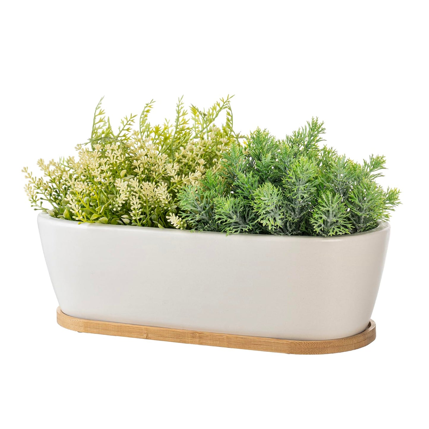 MyGift 14 Inch Oval Modern Matte White Ceramic Succulent Planter Pot with Drainage Hole and Removable Bamboo Saucer, Decorative Indoor House Plant Container for Flowers, Cactus, Herbs