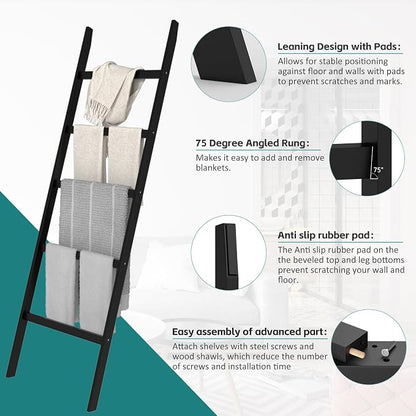 POXAKA Blanket Ladders for The Living Room, 5-Tier Blanket Holder, Wall-Leaning Blanket Rack, Ladder Shelves, Wooden Quilt Ladder, Farmhouse Decor, Scarf Ladder Shelves for Living Room, Bedroom