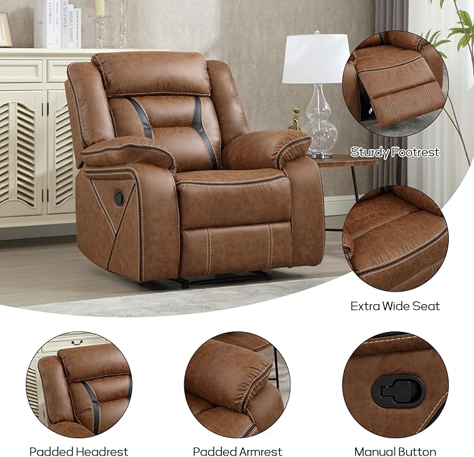 EBELLO Faux Leather Manual Recliner Chair, Modern Design Single Reclining Sofa