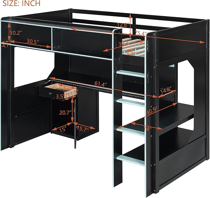 Modern Gaming Loft Bed with Built-in Desk, LED Lighting & Charging Hub –Twin