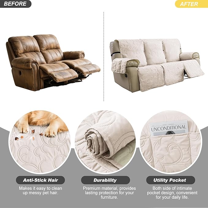 100% Waterproof Recliner Sofa Covers 3 Seater, 6-Piece Split Non-Slip Reclining
