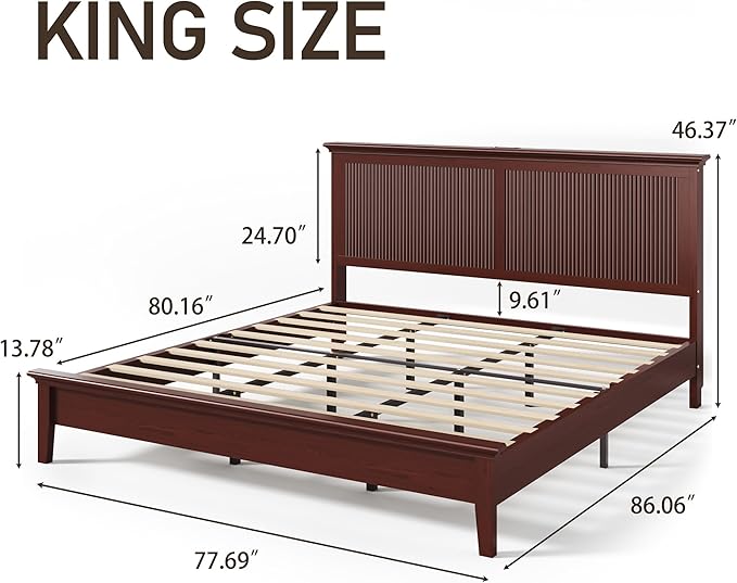 Lifezone King Bed Frame with Headboard, Solid Wood Bed Frame King Size with