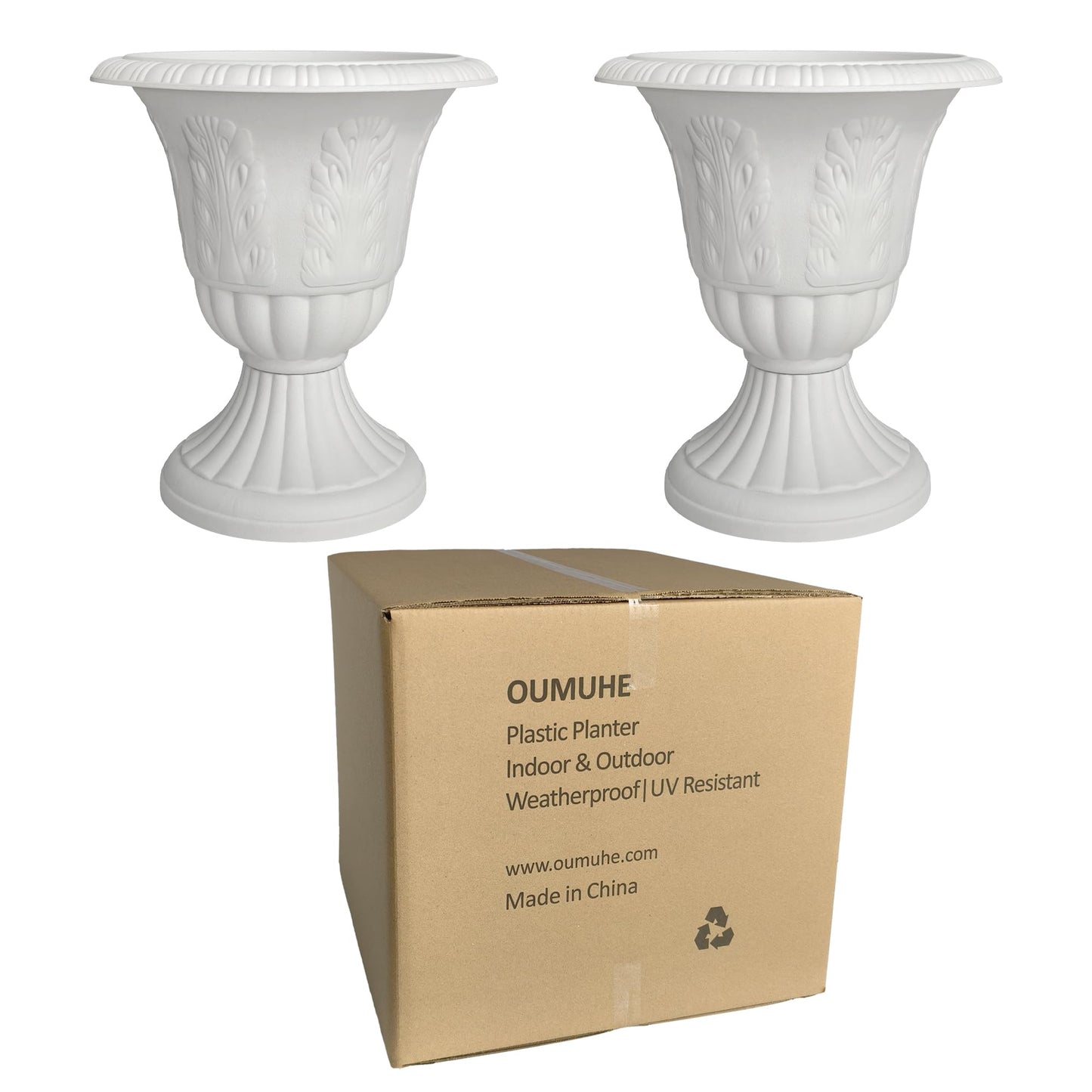 OUMUHE Set of 2 Goblet-Shaped Plastic Planter Urns, 16" H × 14.5" D Large Lightweight Durable Flower Pots, Decorative Indoor Outdoor Garden Patio Plant Containers (White)