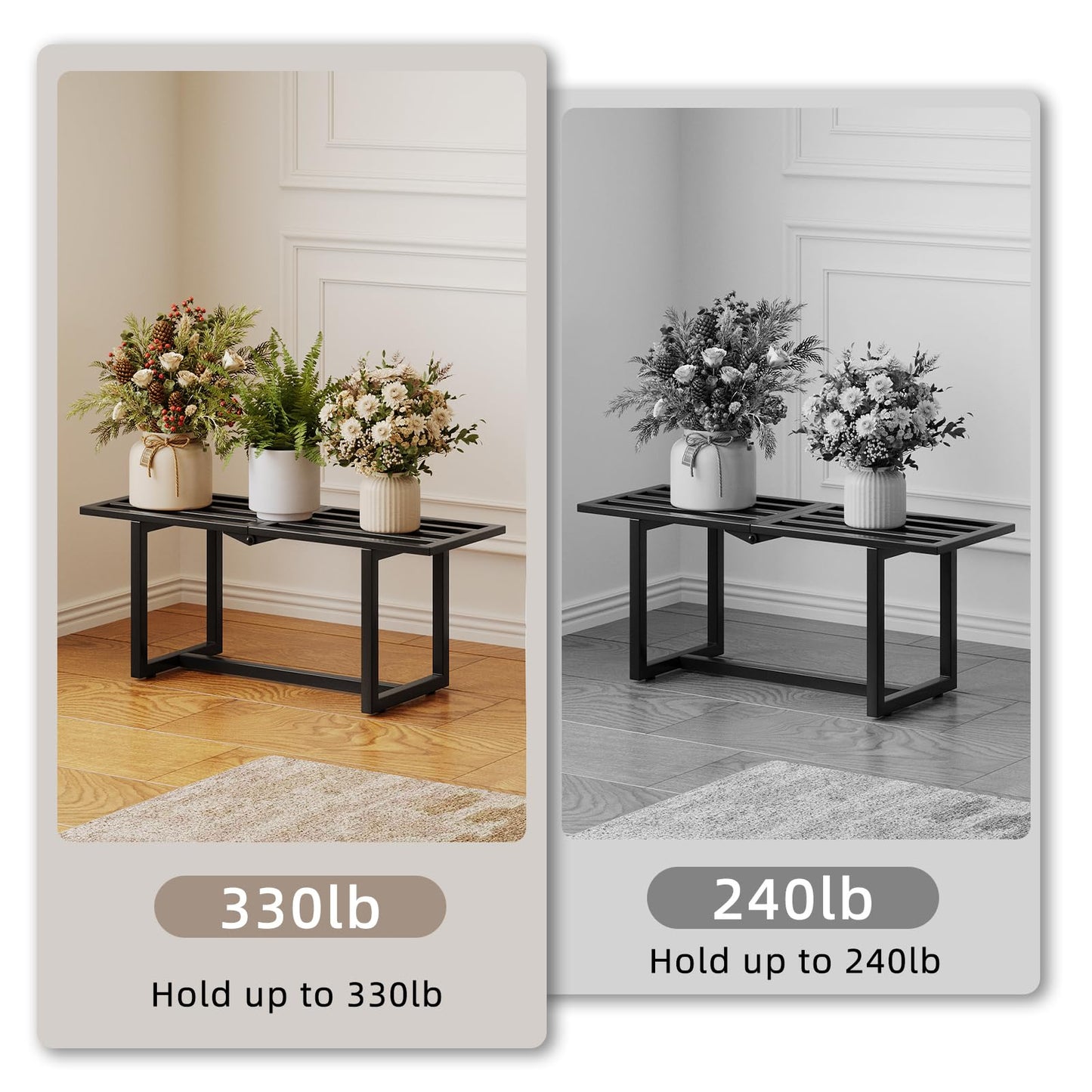 Rioneta Plant Stand Indoor Outdoor, Foldable Metal Plant Shelf for Multiple Pots, Mid Century Slatted Bench for Patio Garden, Heavy Duty Capacity 330 lbs 2 Pack Black