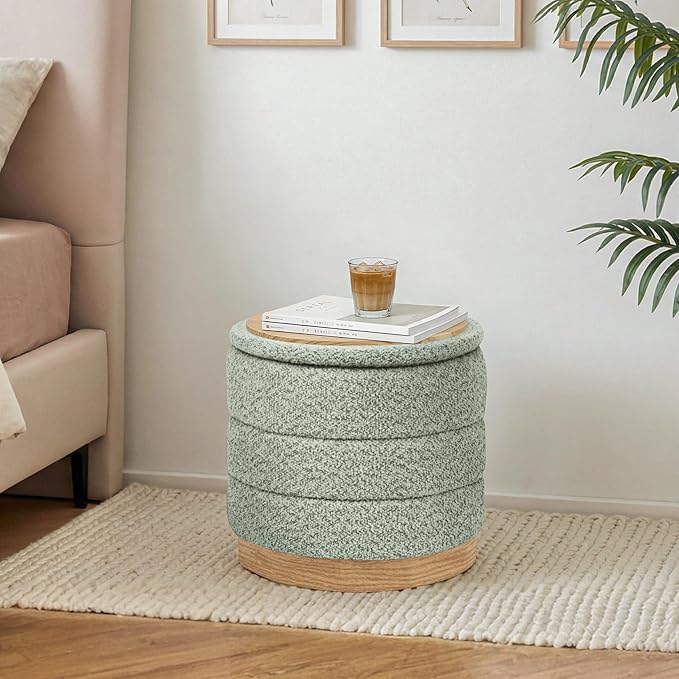 Round Storage Ottoman with Reversible Tray Lid, Folding Chenille Fabric