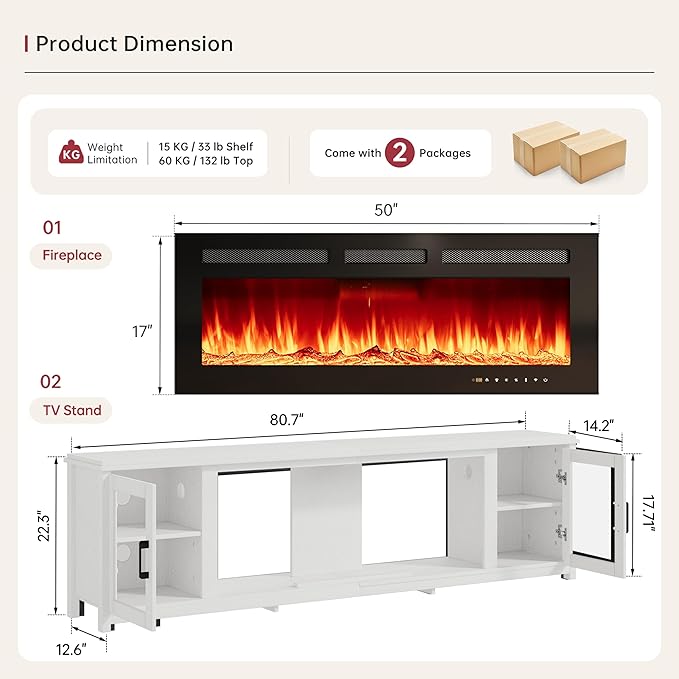MXV 80" Fireplace TV Stand, Modern Entertainment Center
