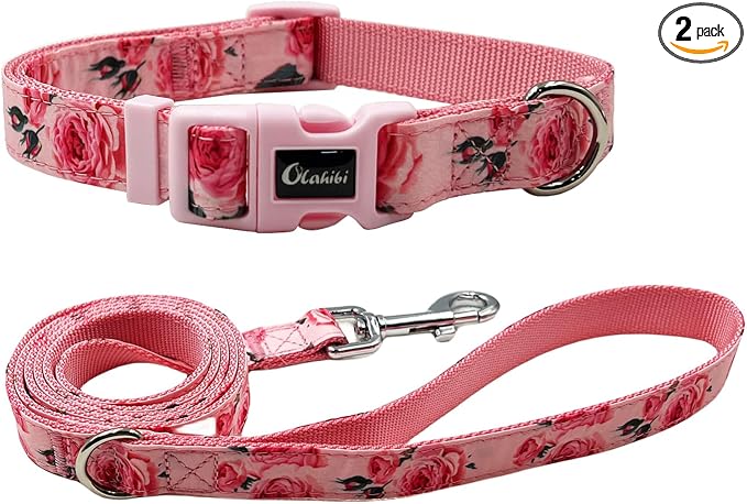 Dog Collar Leash Set, Floral Pattern, Nylon Webbing Plus Cotton Ribbon, 5ft Matching Leash, for Small Dogs.(S, Pink Rose)