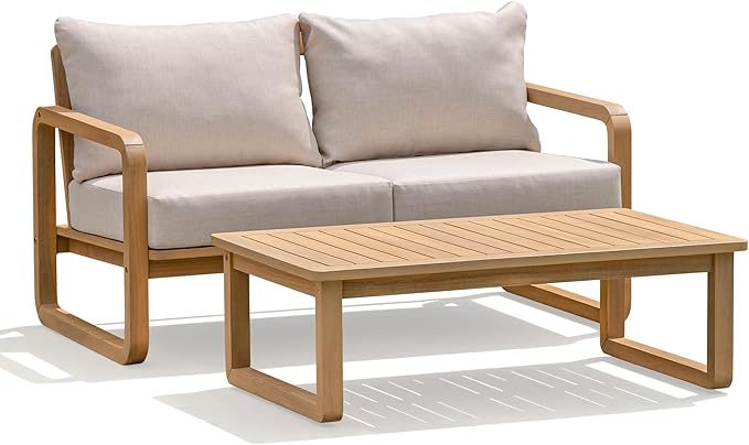 Idzo Ivy Loveseat with Coffee Table – Beige Fabric, 2-Seater Outdoor Sofa Set