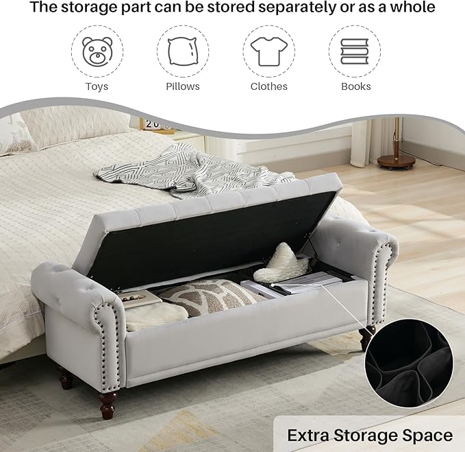 SOFTHION 58.1" Storage Bench Upholstered Velvet End of Bedroom Bed Bench Ottoman