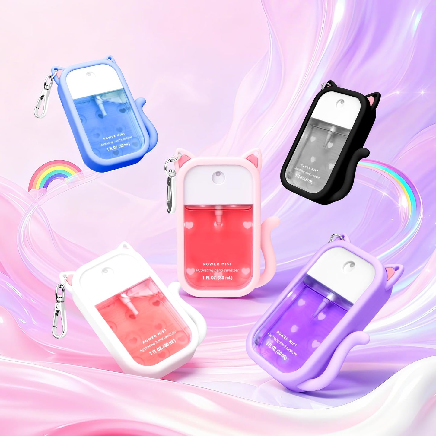 Cat Silicone Case for Touchland Hand Sanitizer Spray with Keychain, Compatible with Power Mist & Glow Mist 1 FL Oz/30ML for Touchland Case, with Charms Accessory Cute Travel Cover Sleeve Purple