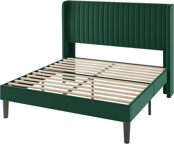 Allewie Full Size Bed Frame/Velvet Upholstered Platform Bed/Vertical Channel