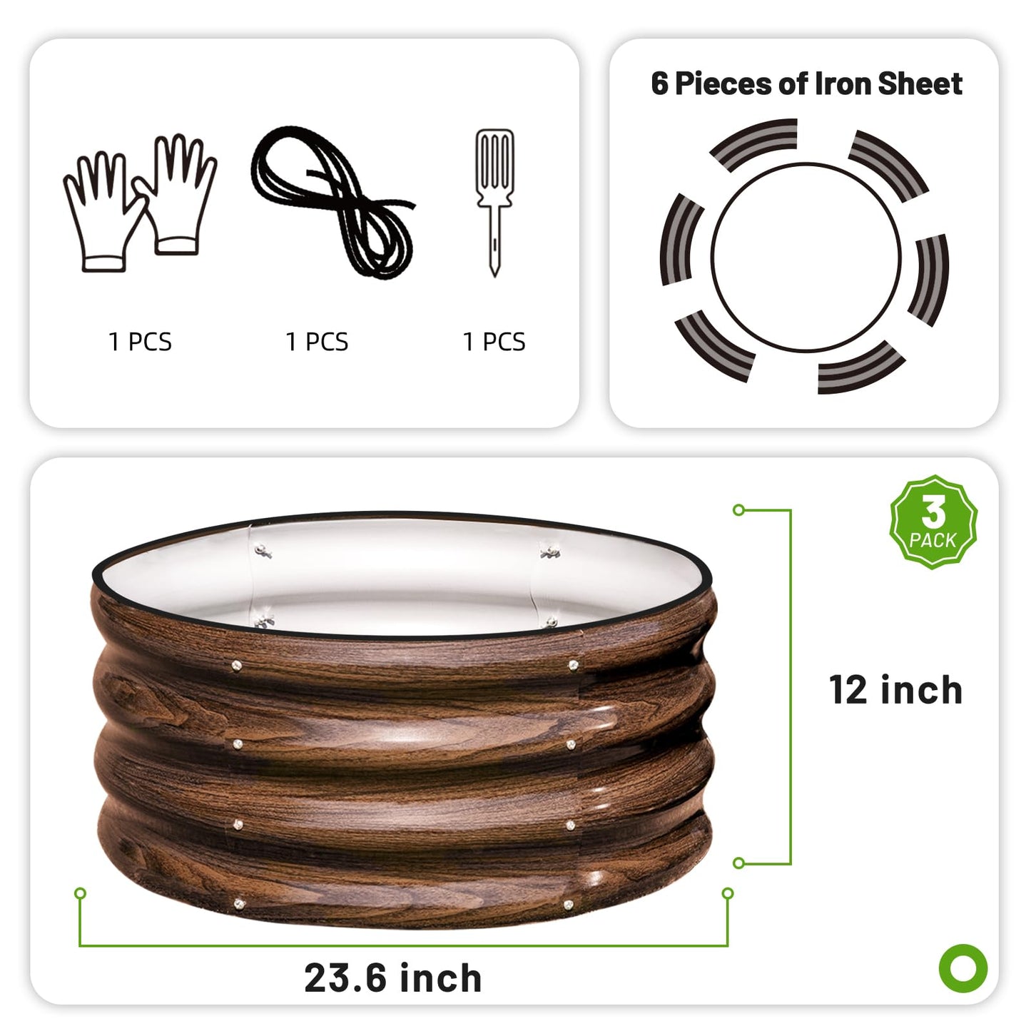 SnugNiture 3 Pcs 2x2x1ft Round Galvanized Raised Garden Bed Kit Outdoor, Metal Planter Box for Planting Plants Vegetables, Brown