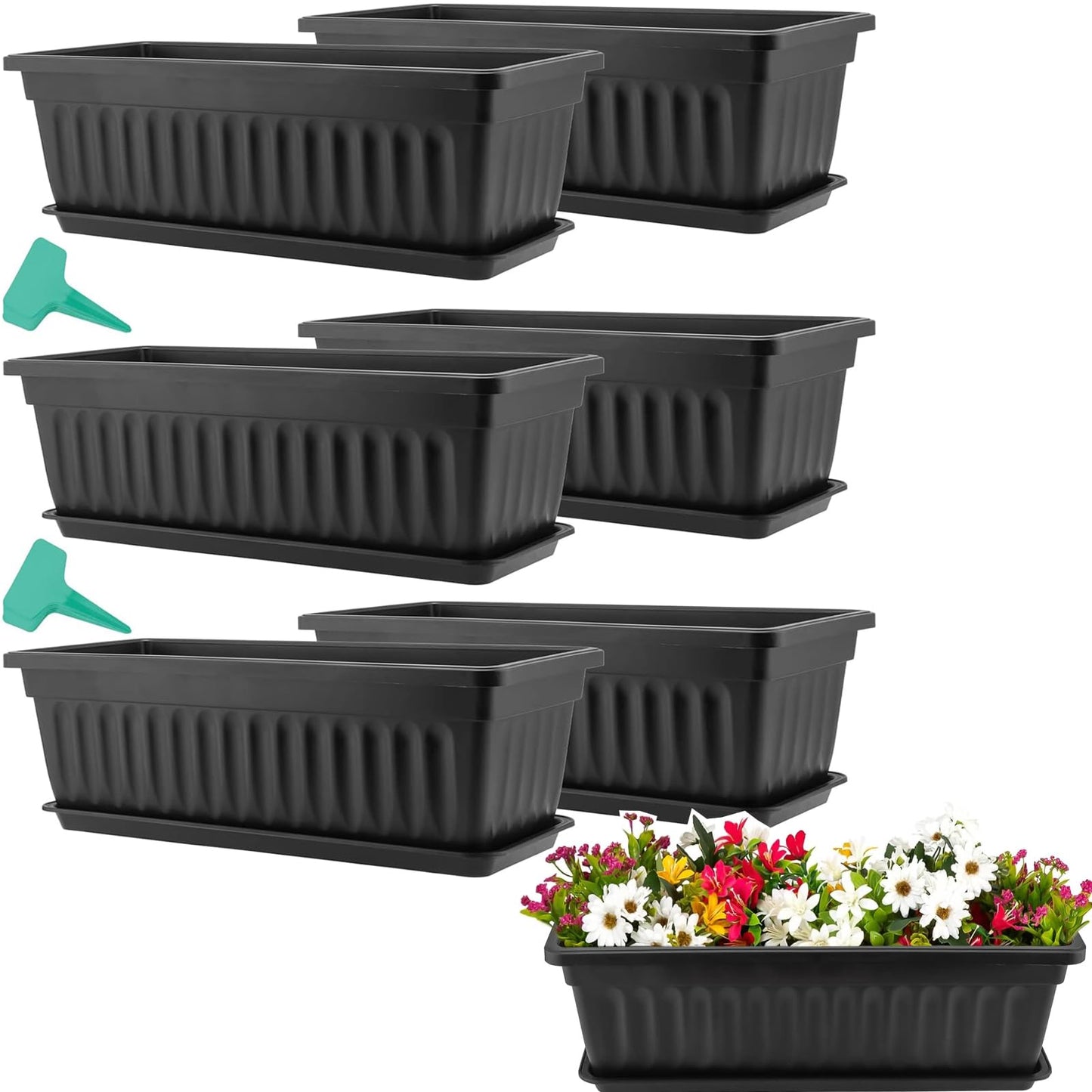 KEILEOHO 6 Pack 17 Inch Plastic Window Flower Box Planter, Rectangular Windowsill Planters with Trays and 30 Plant Labels, Countryside Flower Box Planter Plastic Vegetable Planters, Black