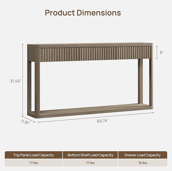 SICOTAS Entryway Table with Storage, 60.74" W Console Table with 3 Fluted