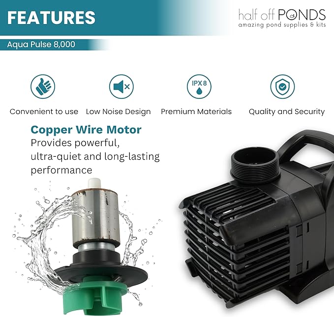 HALF OFF PONDS Submersible Water Pump, 8,000 GPH Pond Pump with 200FT Power Cord and 24FT Max Head, 540W Ultra Quiet Energy Efficient Pump for Koi Pond, Fountain, Waterfall, Water Garden, Skimmer