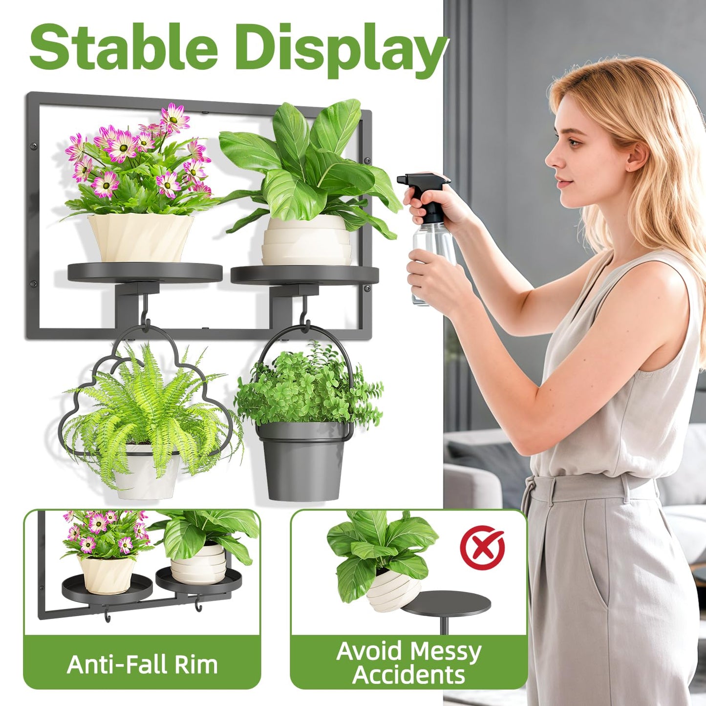 iDavosic.ly Wall Plant Picture Frame Holder with 2 Trays for Indoor, Metal Stand with Hanging Hooks, Floating Flower Display Decor, Space Saving & Easy to Assemble (Pots/Chains/Plants Not Included)