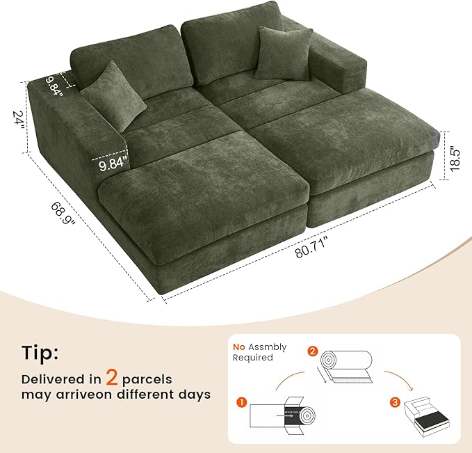 80.7" Oversized Double Chaise Lounge Chair Indoor, Cloud Boneless Sleeper Sofa