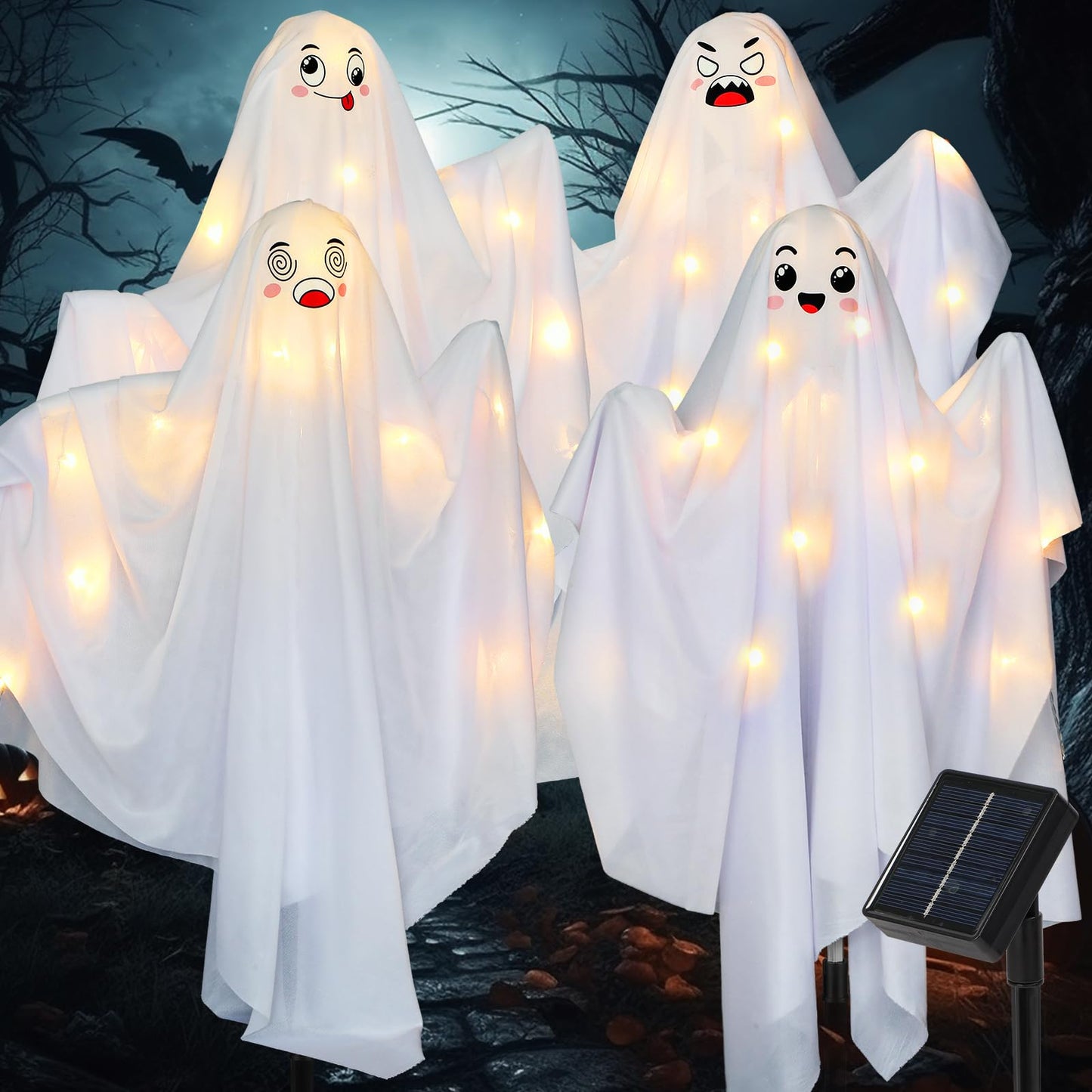 WILLBOND 4 Pcs Halloween Ghost Yard Sign Solar Ghost Outdoor Decoration with Stakes for Halloween Pathway Party Yard Lawn Patio Garden Decorations, 25.59 Inch